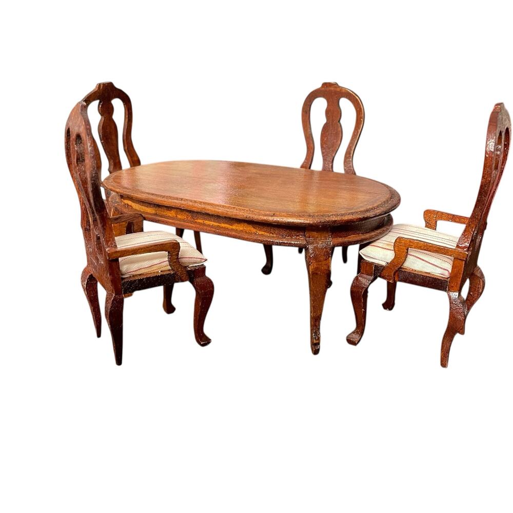 Vintage Miniature Wooden Dollhouse Dining Room Table & 4 Arm Chair Set 1:12
